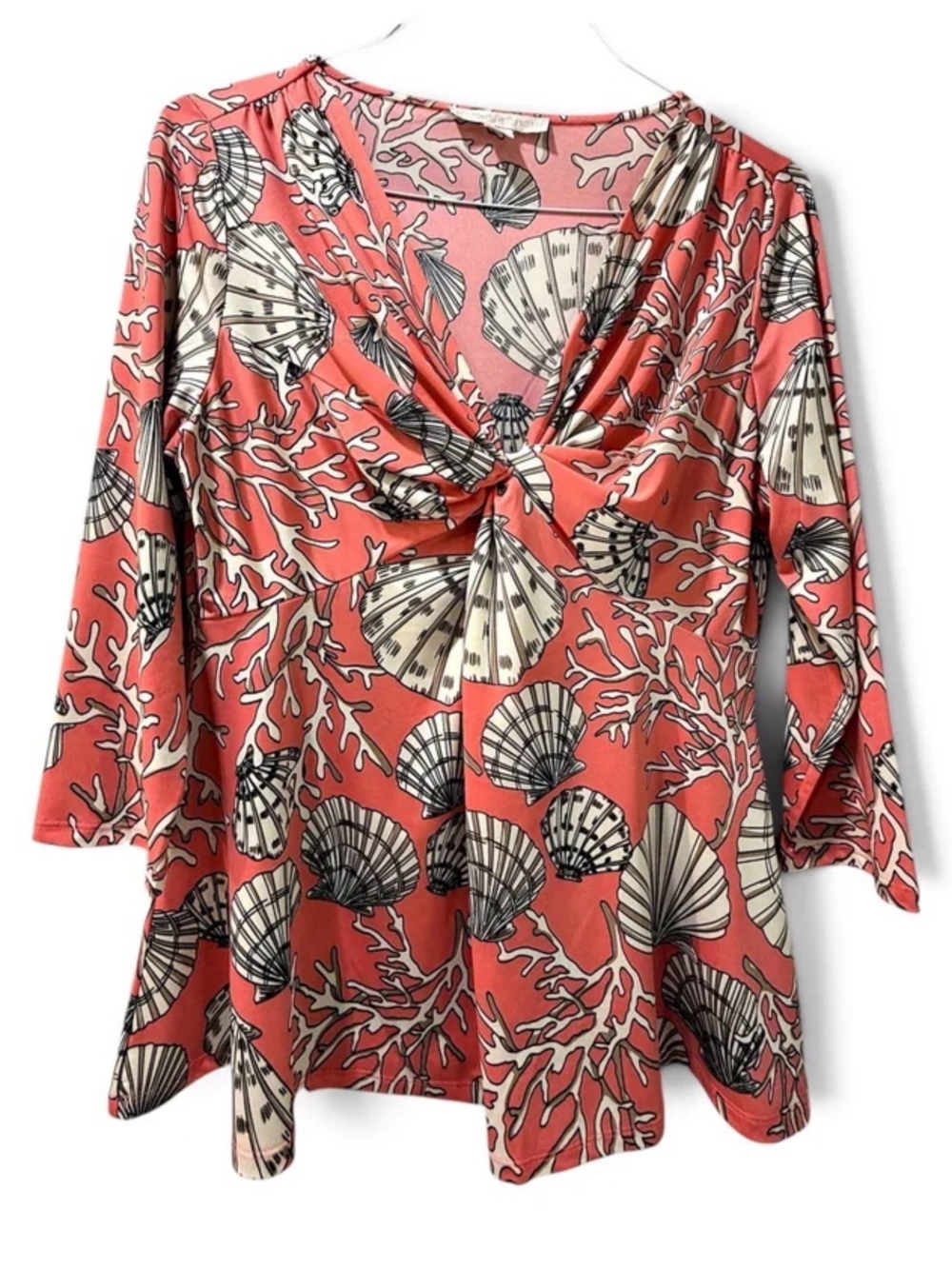 NWOT Boston Proper Coral Shell-Print Twist-Front Tunic Top
